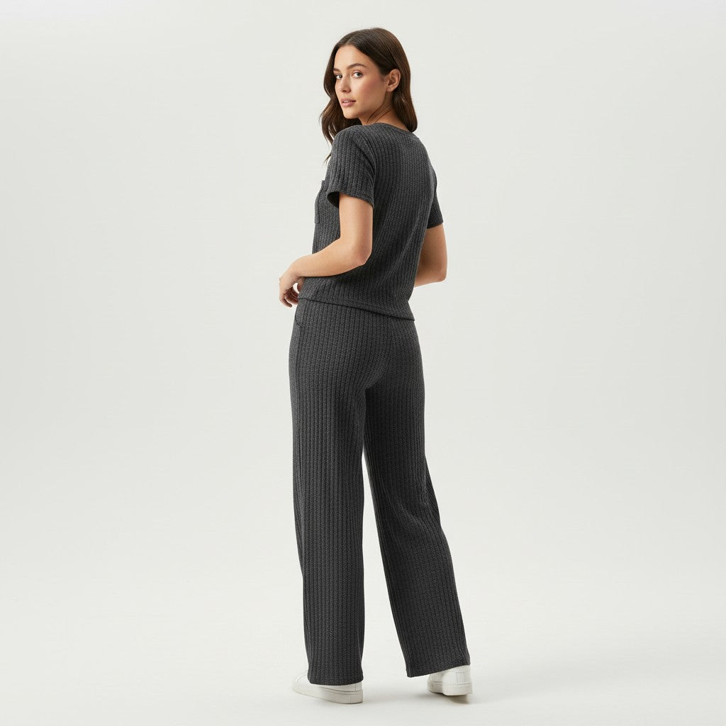 Women's Ribbed Short Sleeve Top and Pants Set-Bon Voyage Vintage