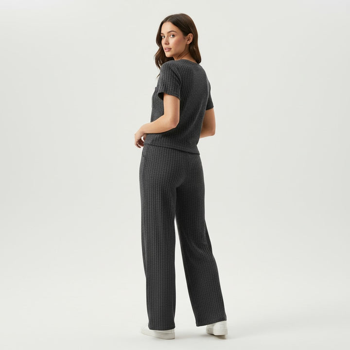 Women's Ribbed Short Sleeve Top and Pants Set-Bon Voyage Vintage