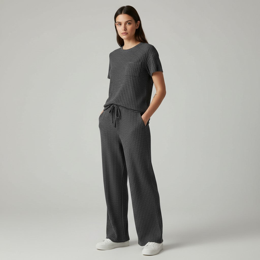 Women's Ribbed Short Sleeve Top and Pants Set-Bon Voyage Vintage