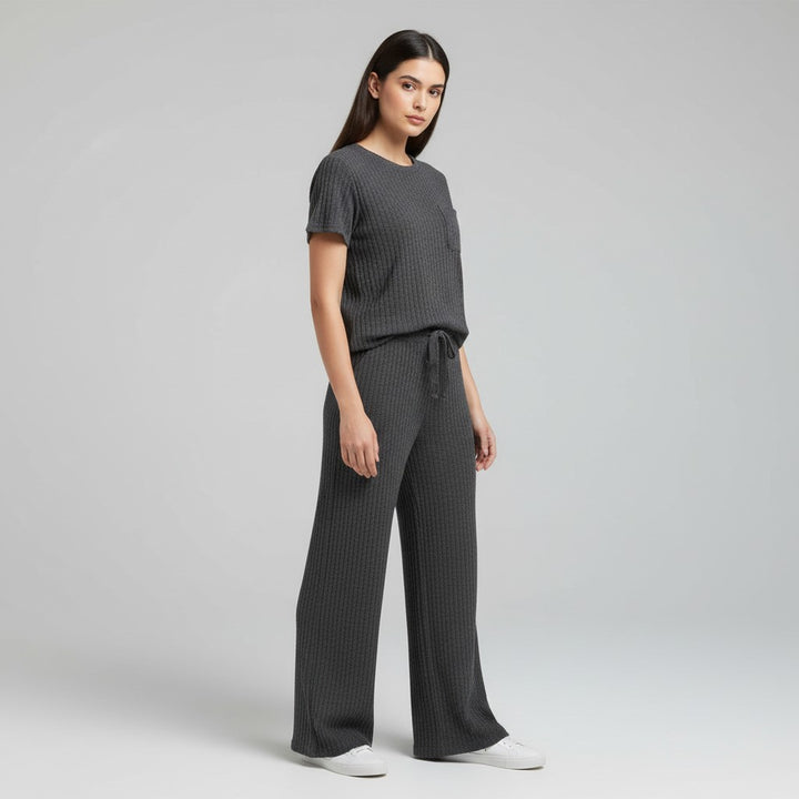 Women's Ribbed Short Sleeve Top and Pants Set-Bon Voyage Vintage