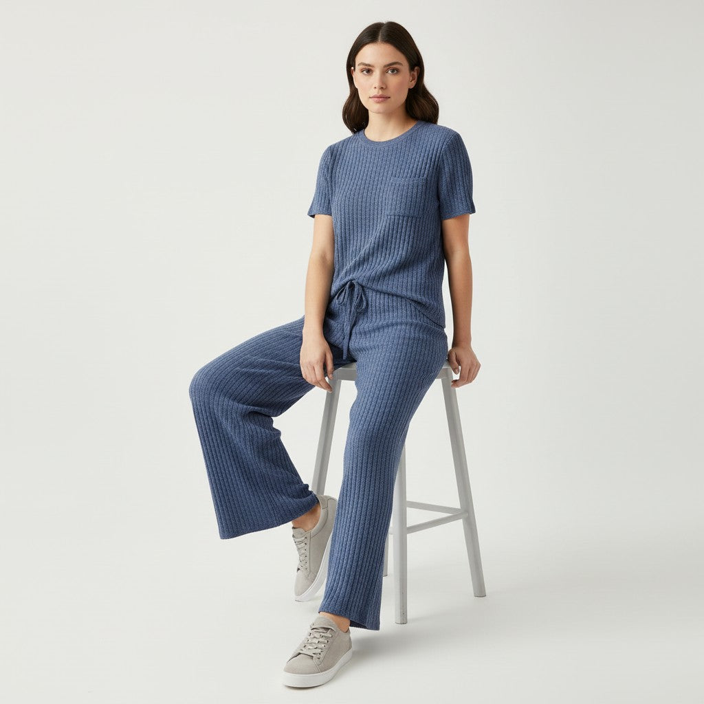 Women's Ribbed Short Sleeve Top and Pants Set-Bon Voyage Vintage