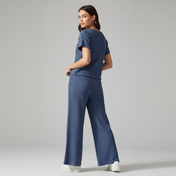 Women's Ribbed Short Sleeve Top and Pants Set-Bon Voyage Vintage
