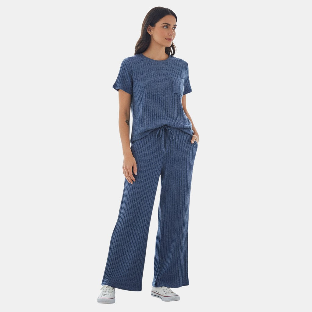Women's Ribbed Short Sleeve Top and Pants Set-Bon Voyage Vintage