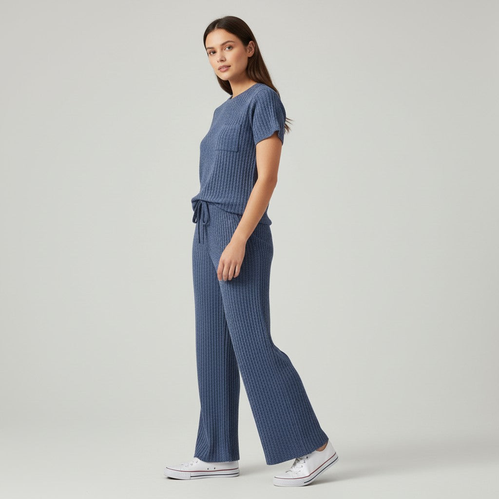 Women's Ribbed Short Sleeve Top and Pants Set-Bon Voyage Vintage