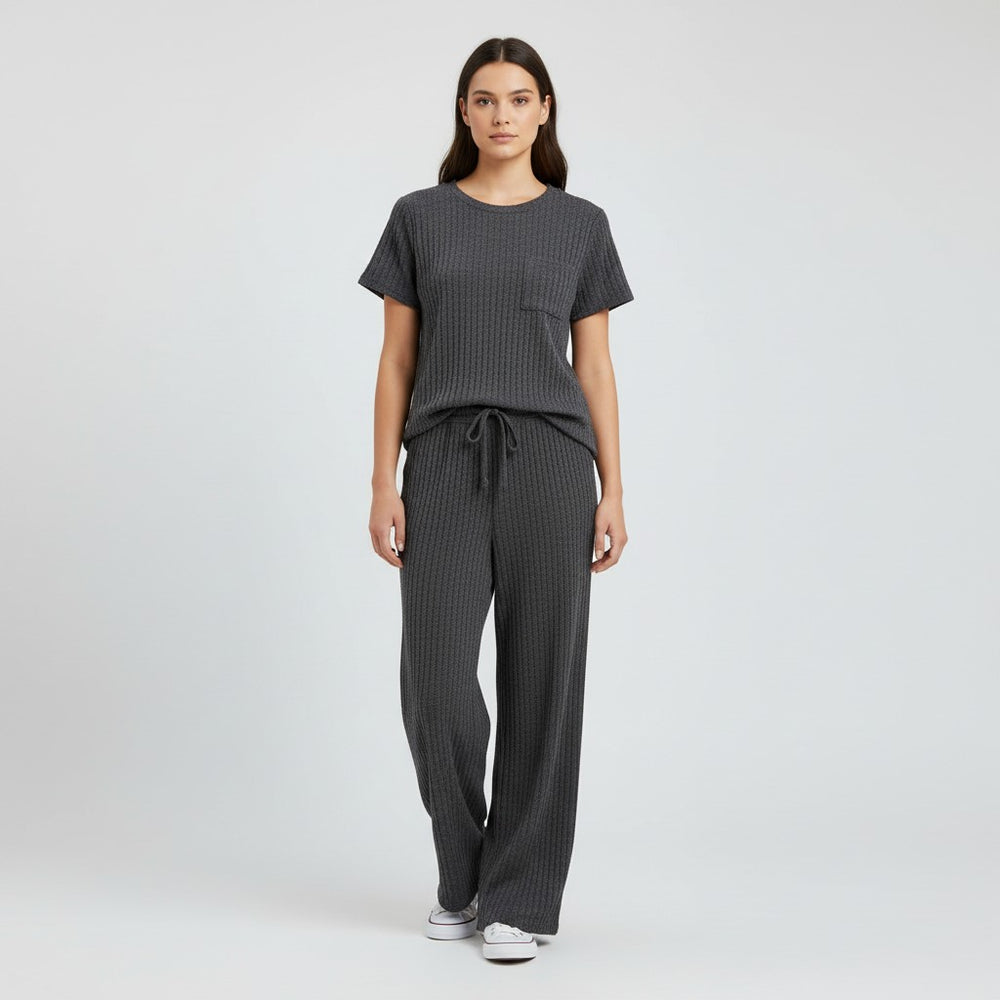 Women's Ribbed Short Sleeve Top and Pants Set-Bon Voyage Vintage