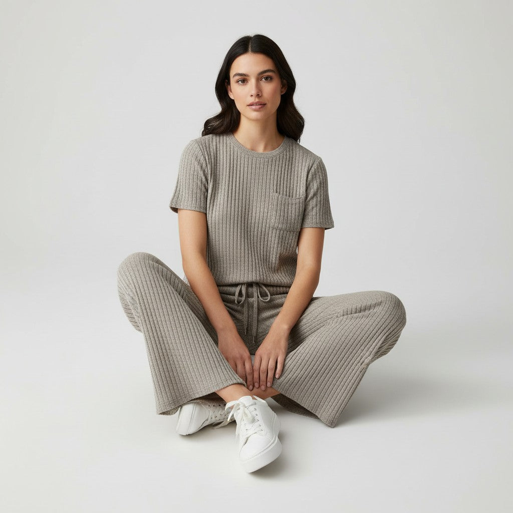 Women's Ribbed Short Sleeve Top and Pants Set-Bon Voyage Vintage