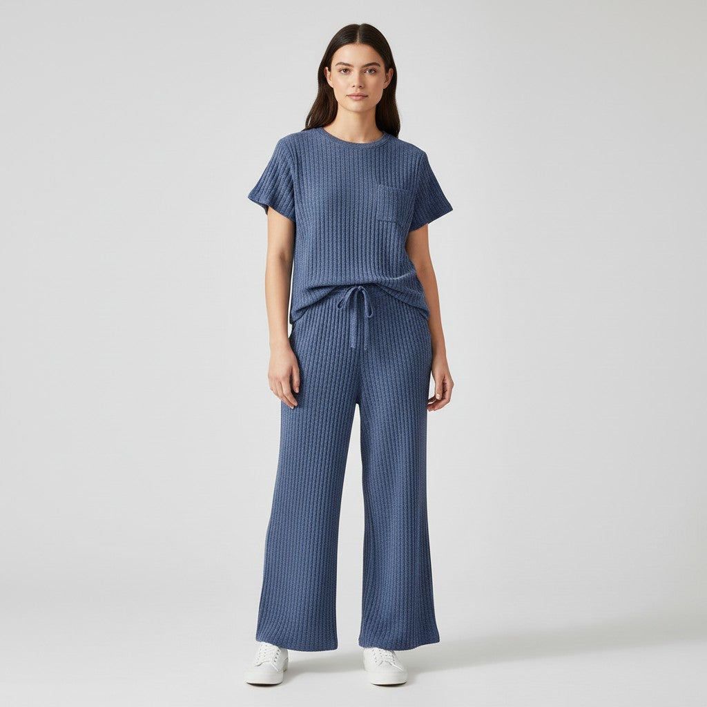 Women's Ribbed Short Sleeve Top and Pants Set-Bon Voyage Vintage