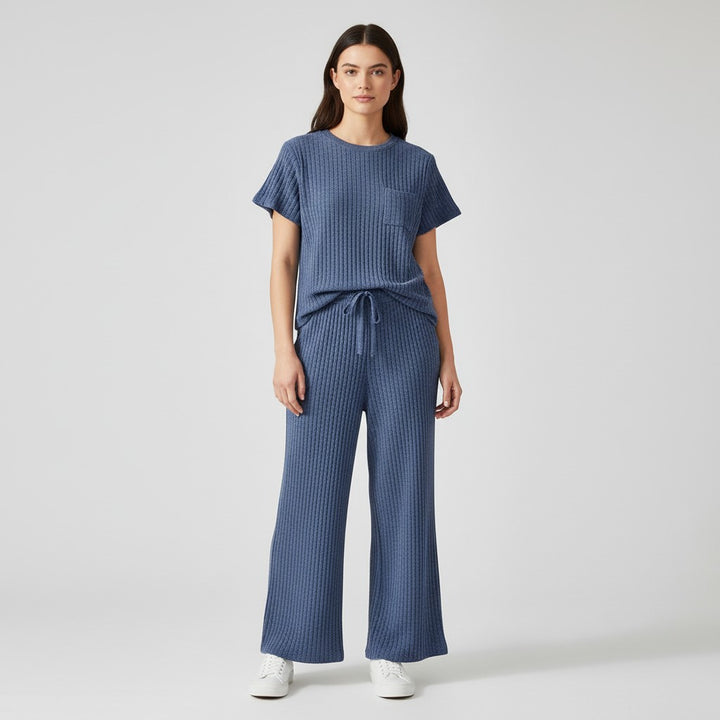 Women's Ribbed Short Sleeve Top and Pants Set-Bon Voyage Vintage