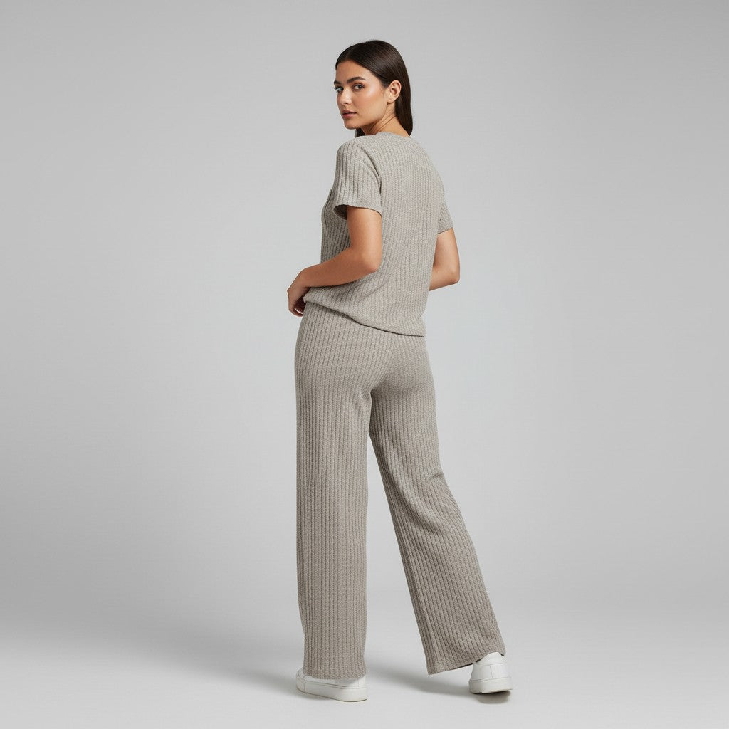 Women's Ribbed Short Sleeve Top and Pants Set-Bon Voyage Vintage
