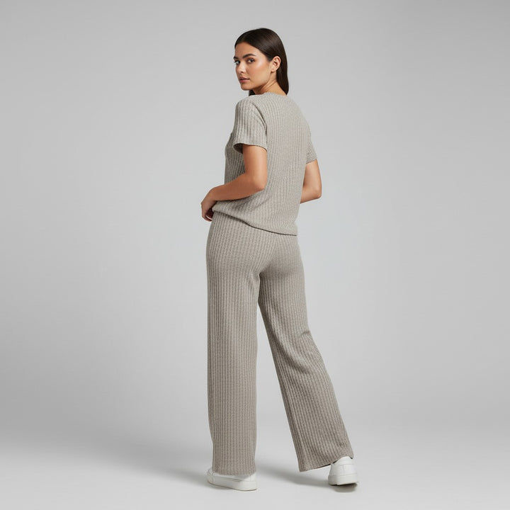 Women's Ribbed Short Sleeve Top and Pants Set-Bon Voyage Vintage