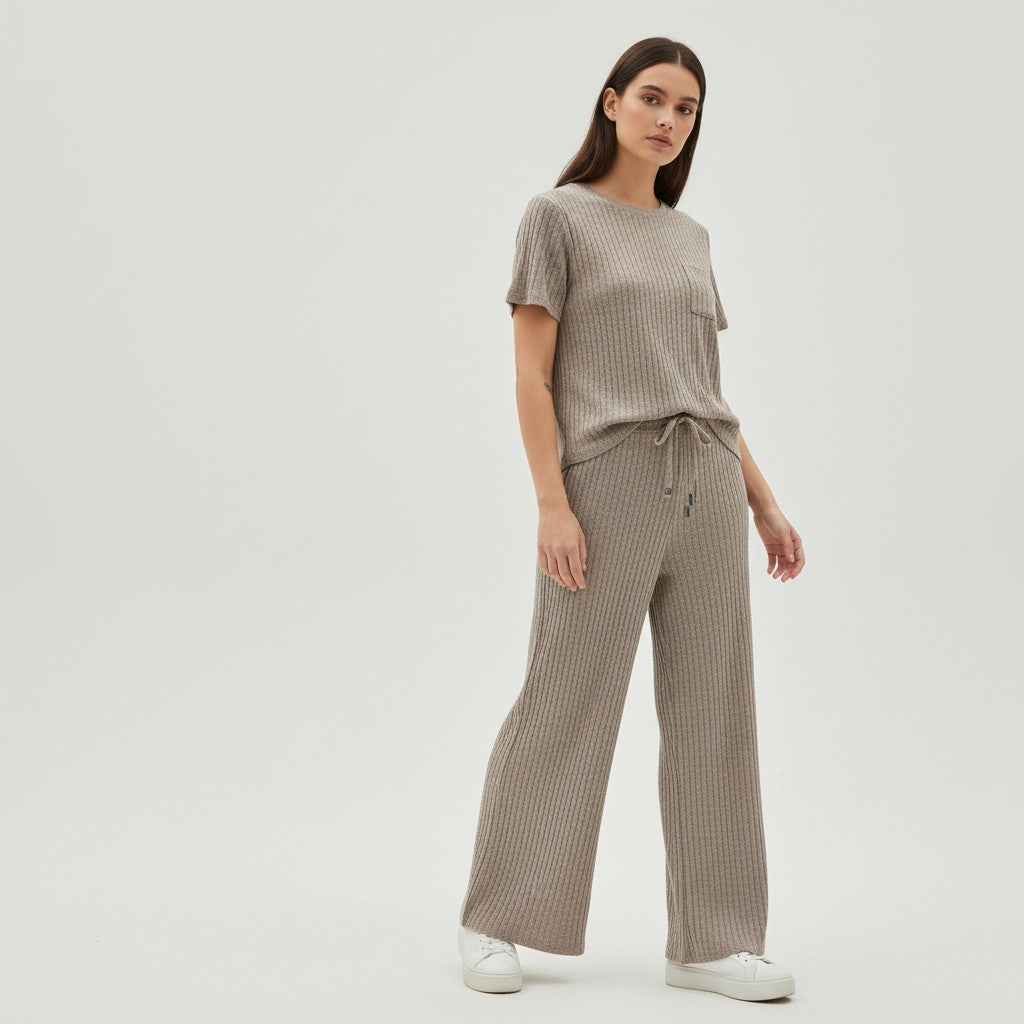 Women's Ribbed Short Sleeve Top and Pants Set-Bon Voyage Vintage