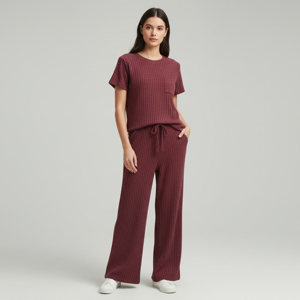 Women's Ribbed Short Sleeve Top and Pants Set-Bon Voyage Vintage