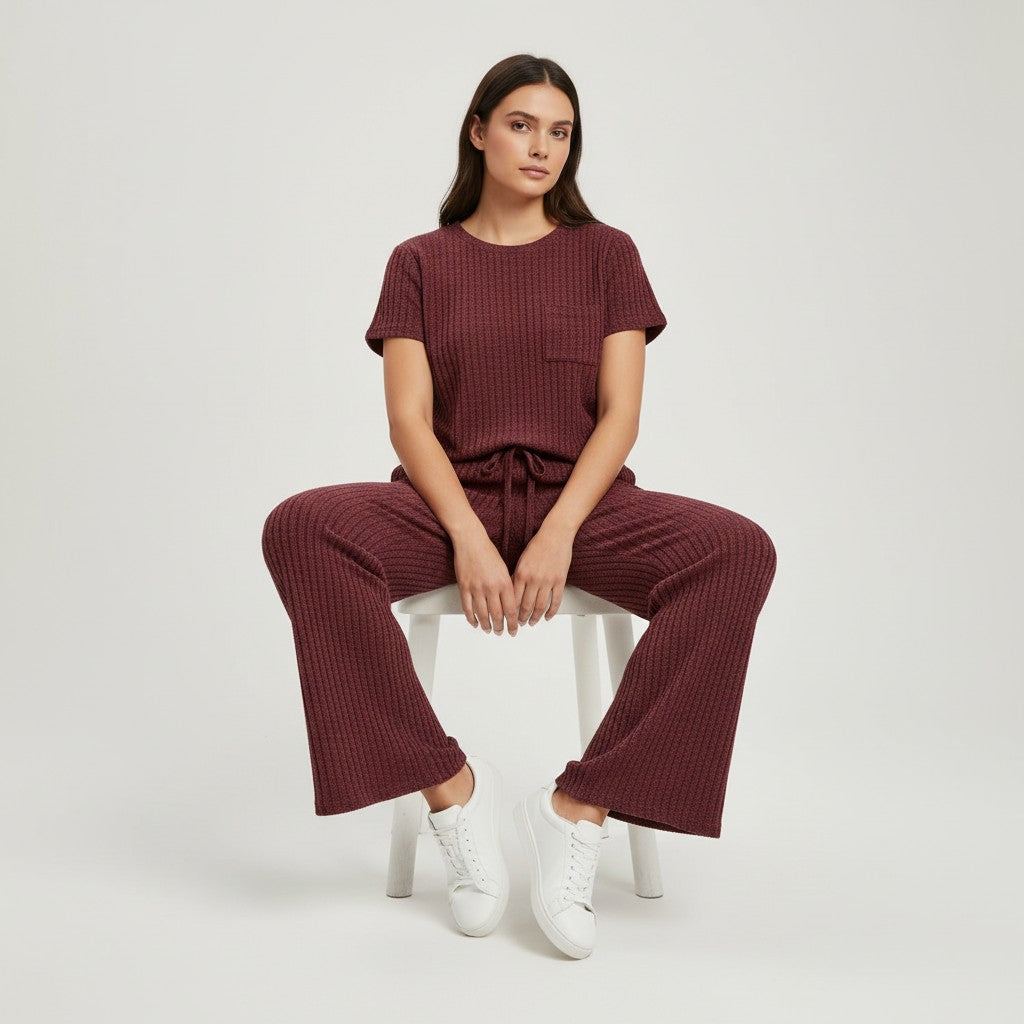 Women's Ribbed Short Sleeve Top and Pants Set-Bon Voyage Vintage