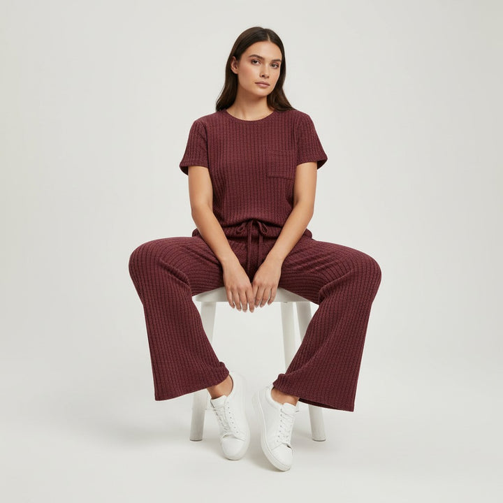 Women's Ribbed Short Sleeve Top and Pants Set-Bon Voyage Vintage
