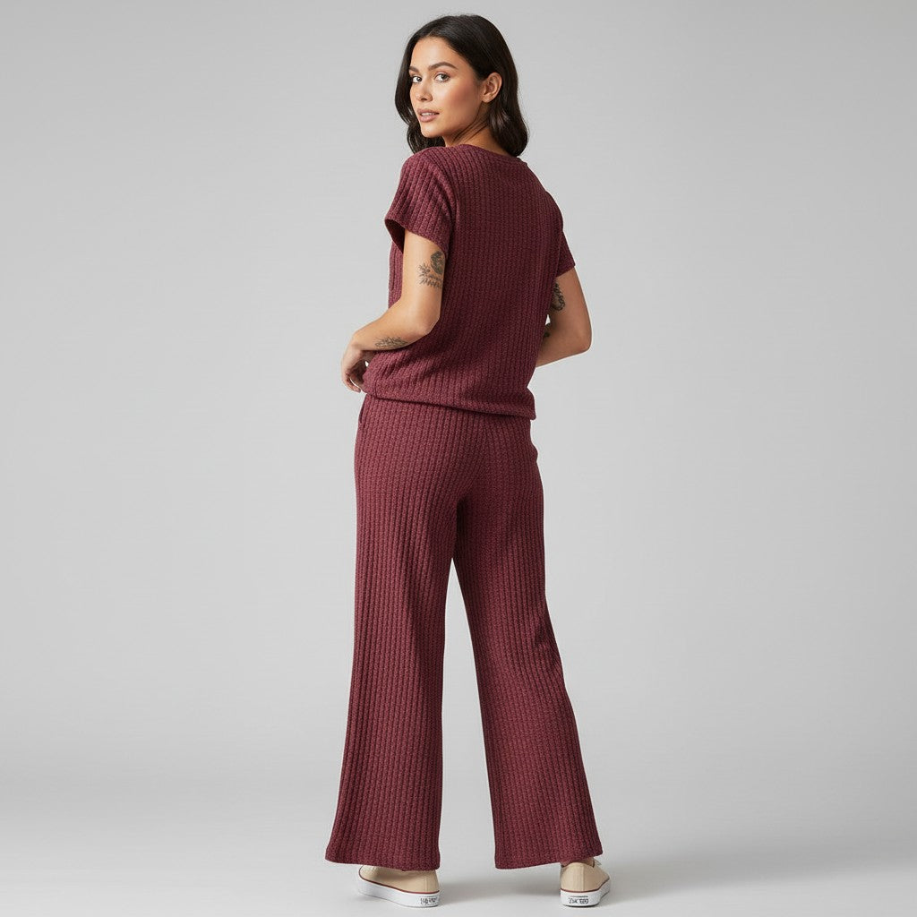 Women's Ribbed Short Sleeve Top and Pants Set-Bon Voyage Vintage