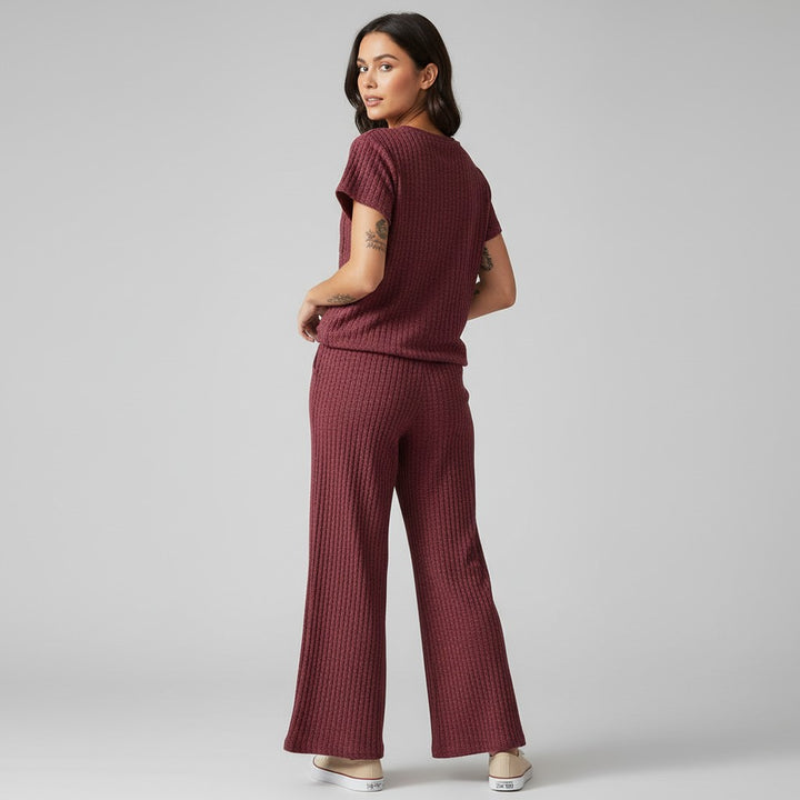 Women's Ribbed Short Sleeve Top and Pants Set-Bon Voyage Vintage