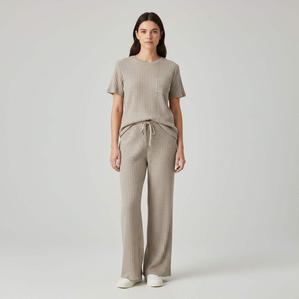 Women's Ribbed Short Sleeve Top and Pants Set-Bon Voyage Vintage