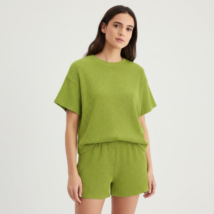 Women's Ribbed Short Sleeve Top and Shorts Set-Bon Voyage Vintage