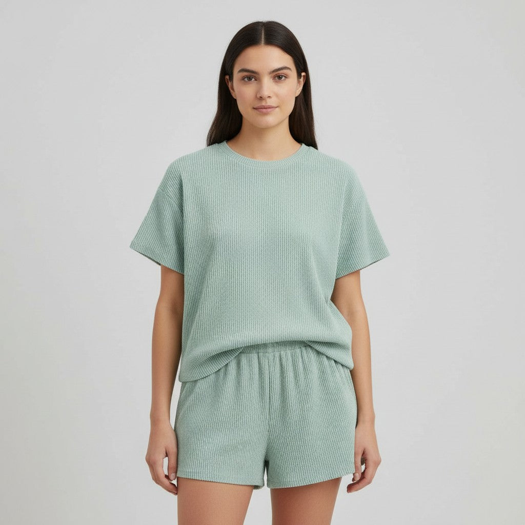 Women's Ribbed Short Sleeve Top and Shorts Set-Bon Voyage Vintage