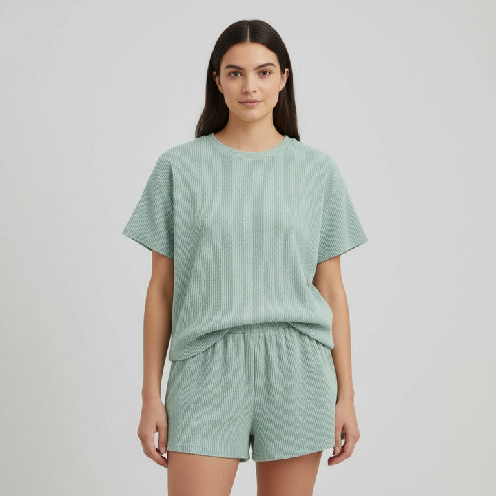 Women's Ribbed Short Sleeve Top and Shorts Set-Bon Voyage Vintage