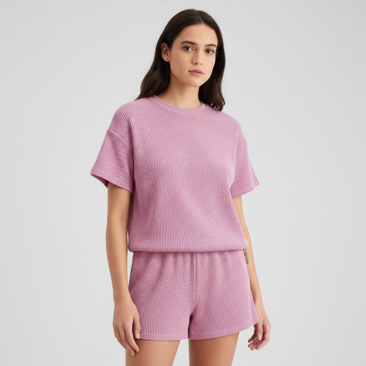 Women's Ribbed Short Sleeve Top and Shorts Set-Bon Voyage Vintage