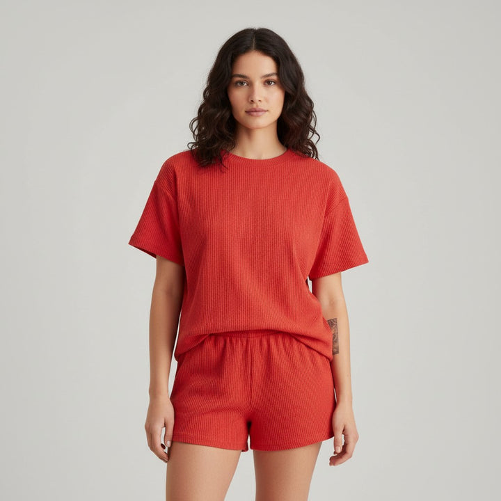 Women's Ribbed Short Sleeve Top and Shorts Set-Bon Voyage Vintage
