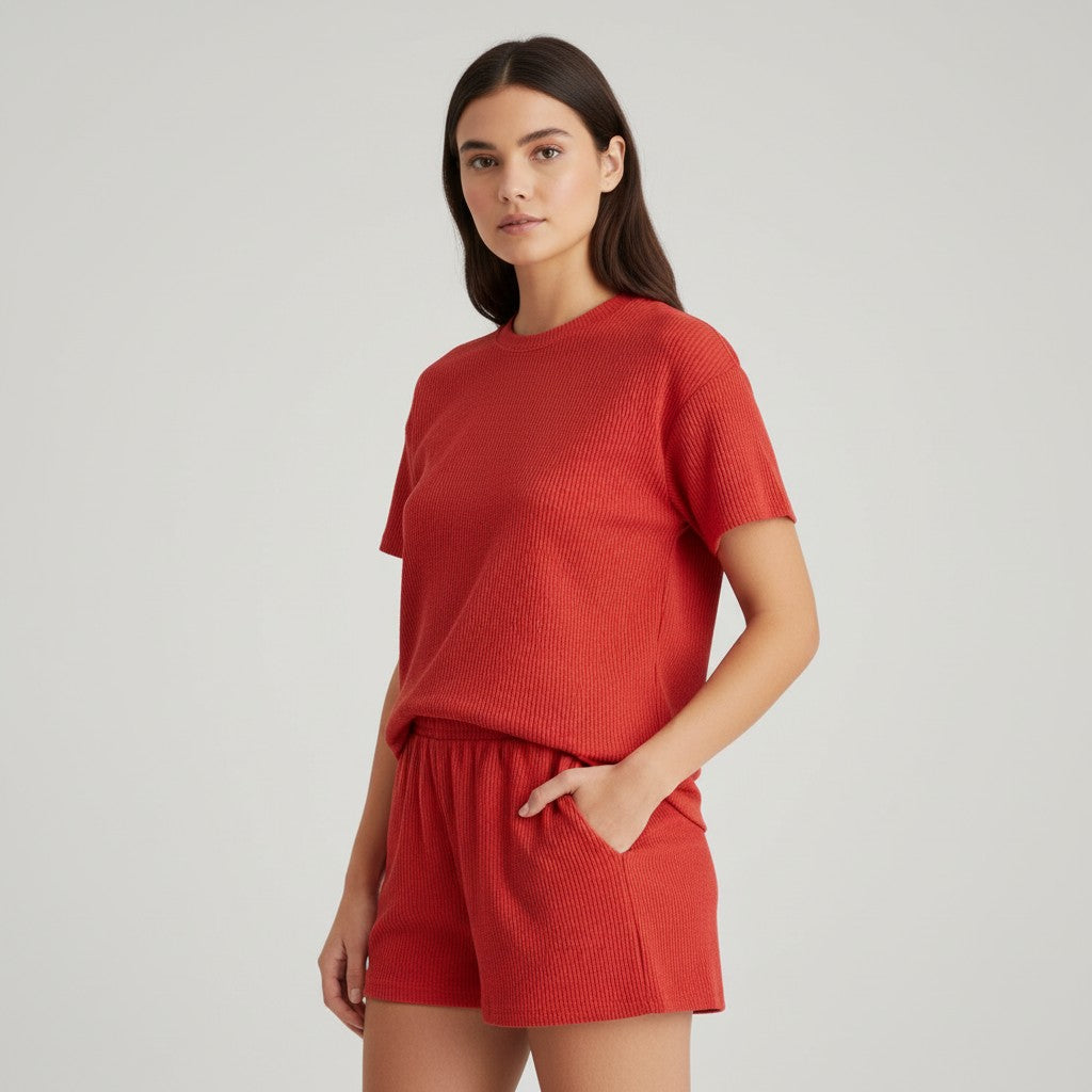 Women's Ribbed Short Sleeve Top and Shorts Set-Bon Voyage Vintage