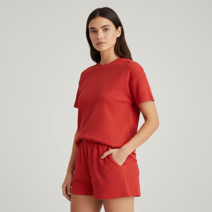 Women's Ribbed Short Sleeve Top and Shorts Set-Bon Voyage Vintage