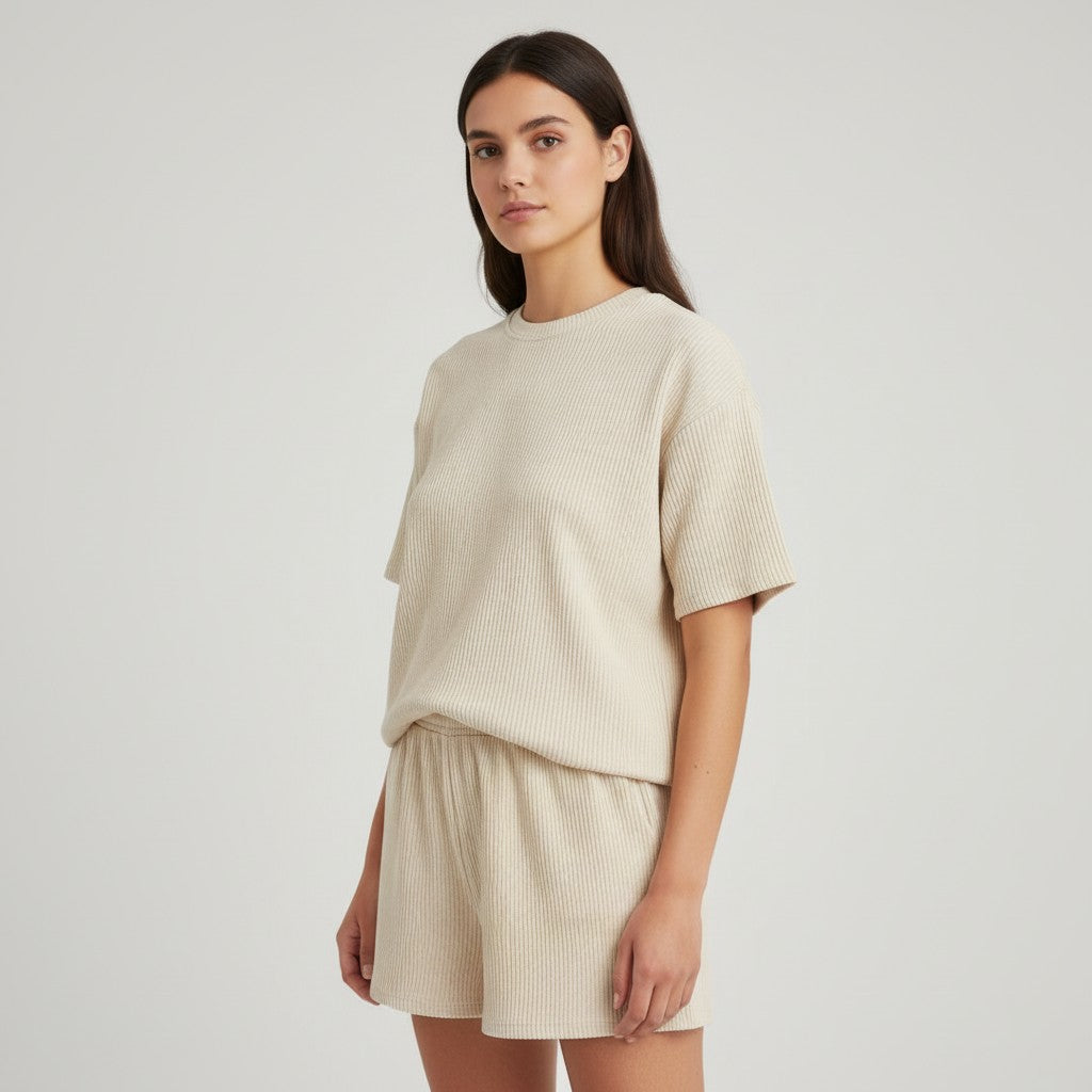 Women's Ribbed Short Sleeve Top and Shorts Set-Bon Voyage Vintage