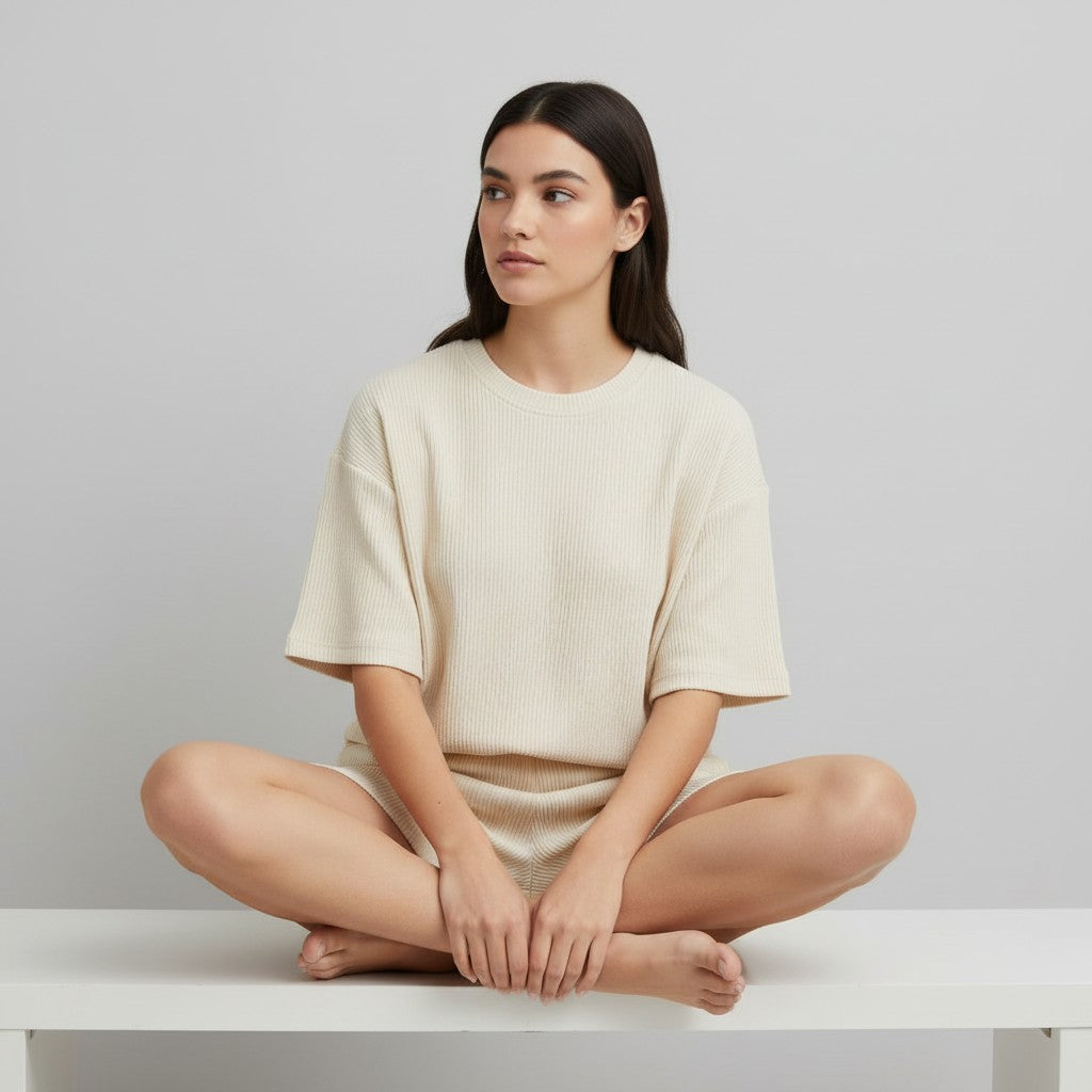 Women's Ribbed Short Sleeve Top and Shorts Set-Bon Voyage Vintage