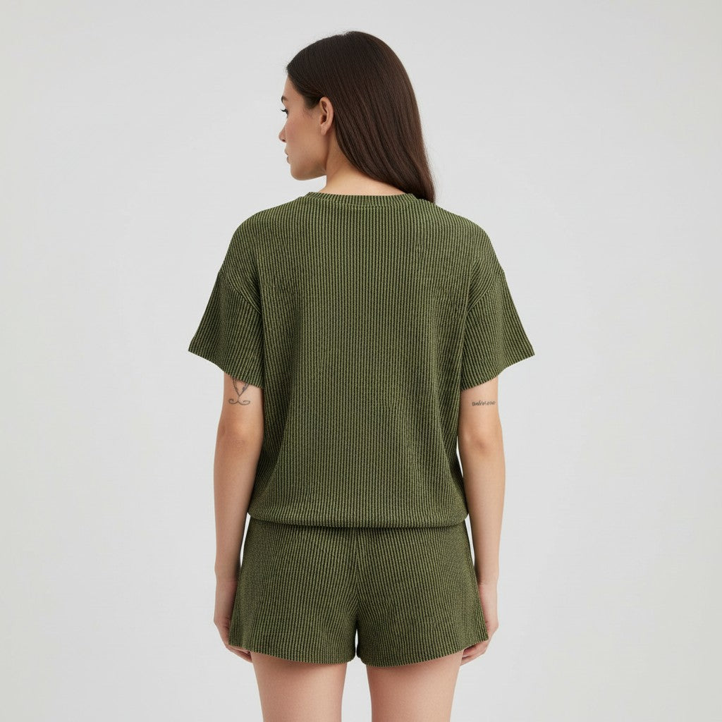 Women's Ribbed Short Sleeve Top and Shorts Set-Bon Voyage Vintage
