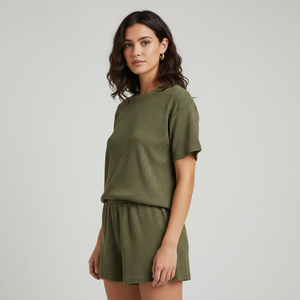 Women's Ribbed Short Sleeve Top and Shorts Set-Bon Voyage Vintage