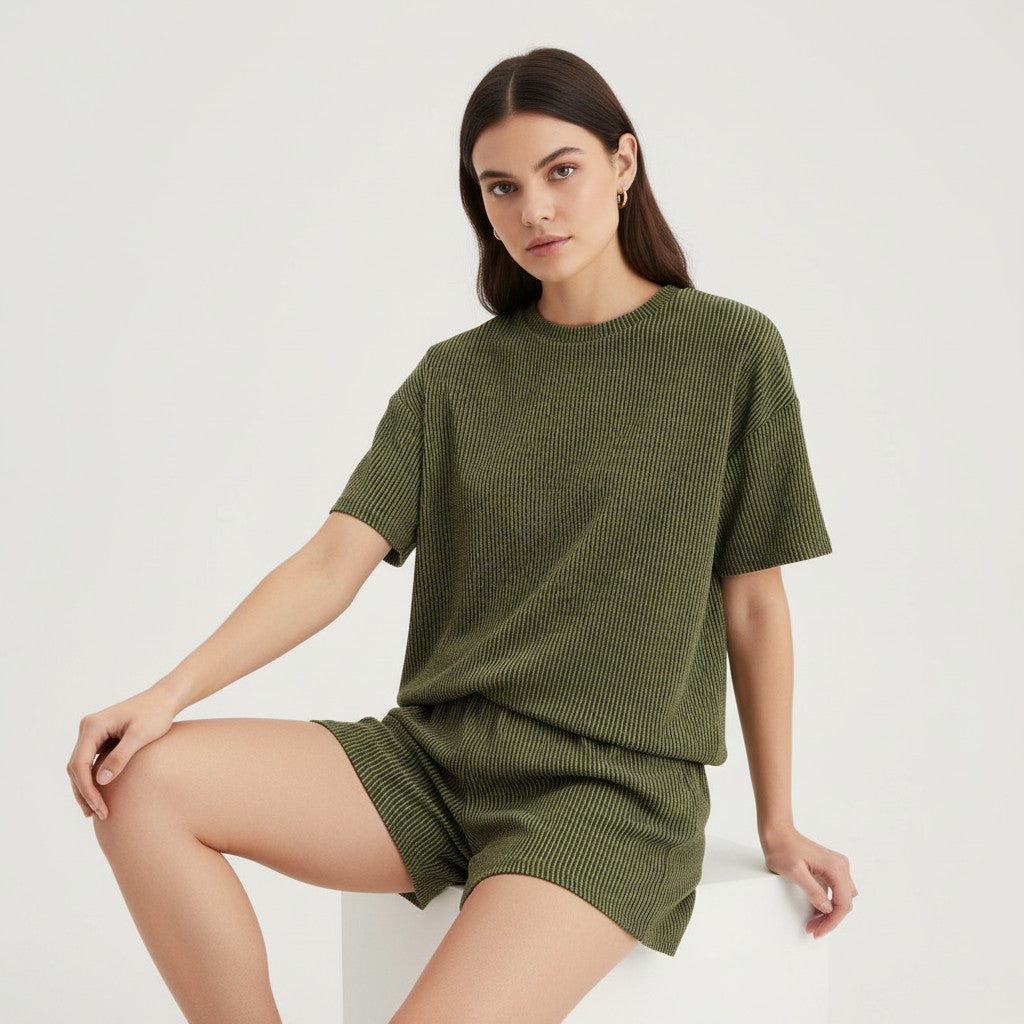 Women's Ribbed Short Sleeve Top and Shorts Set-Bon Voyage Vintage