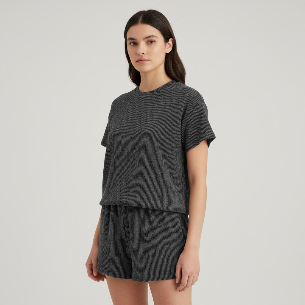 Women's Ribbed Short Sleeve Top and Shorts Set-Bon Voyage Vintage