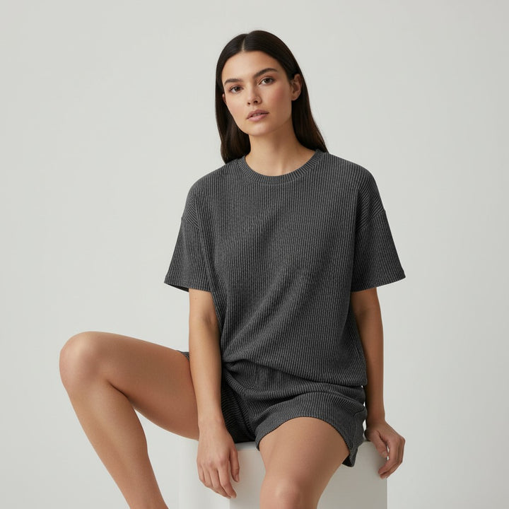 Women's Ribbed Short Sleeve Top and Shorts Set-Bon Voyage Vintage