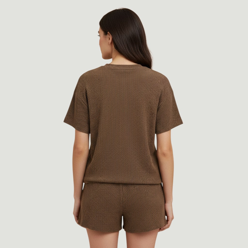 Women's Ribbed Short Sleeve Top and Shorts Set-Bon Voyage Vintage