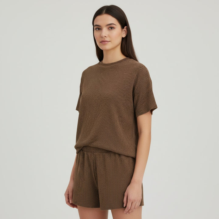 Women's Ribbed Short Sleeve Top and Shorts Set-Bon Voyage Vintage