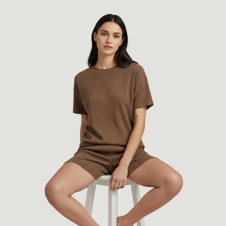 Women's Ribbed Short Sleeve Top and Shorts Set-Bon Voyage Vintage