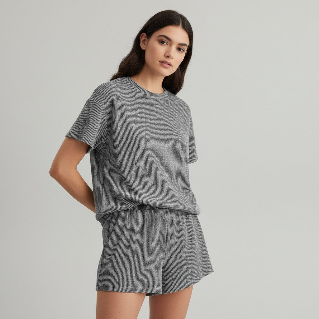 Women's Ribbed Short Sleeve Top and Shorts Set-Bon Voyage Vintage