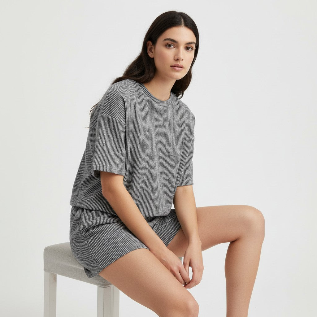 Women's Ribbed Short Sleeve Top and Shorts Set-Bon Voyage Vintage