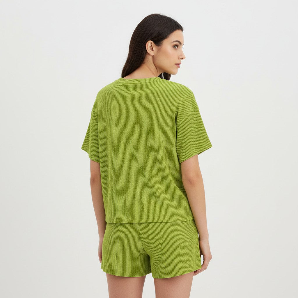 Women's Ribbed Short Sleeve Top and Shorts Set-Bon Voyage Vintage