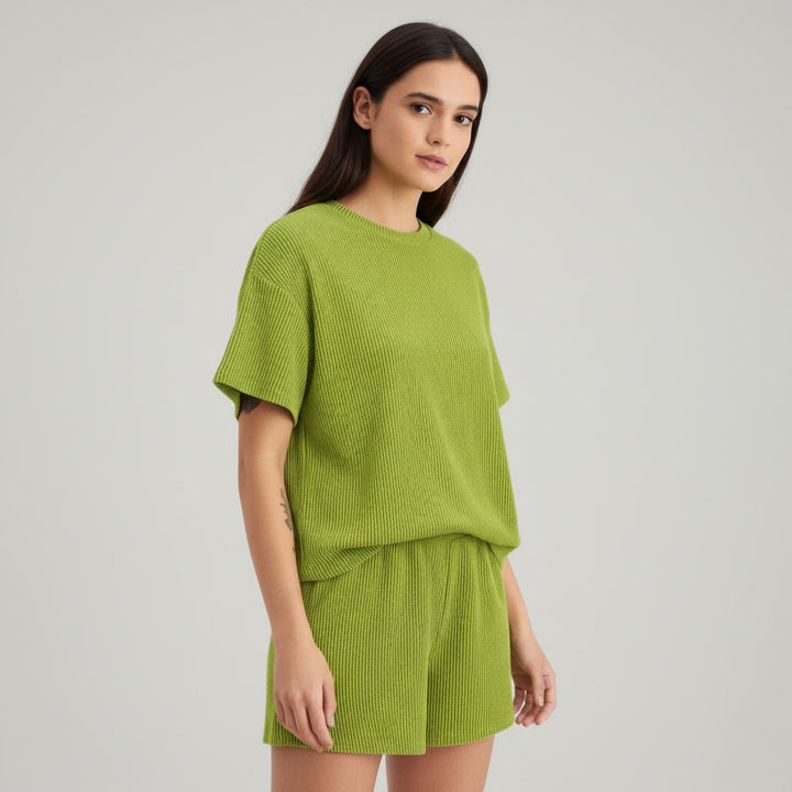 Women's Ribbed Short Sleeve Top and Shorts Set-Bon Voyage Vintage