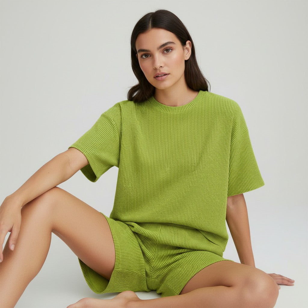 Women's Ribbed Short Sleeve Top and Shorts Set-Bon Voyage Vintage