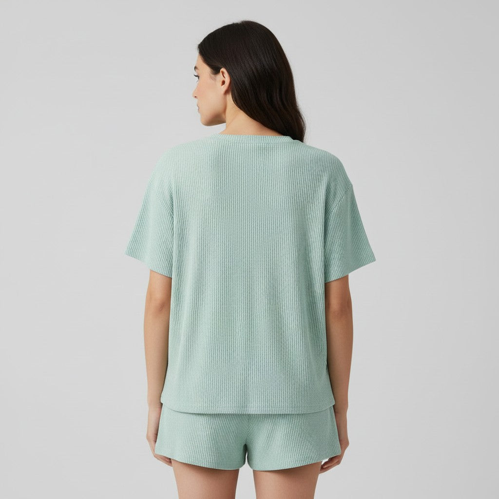Women's Ribbed Short Sleeve Top and Shorts Set-Bon Voyage Vintage
