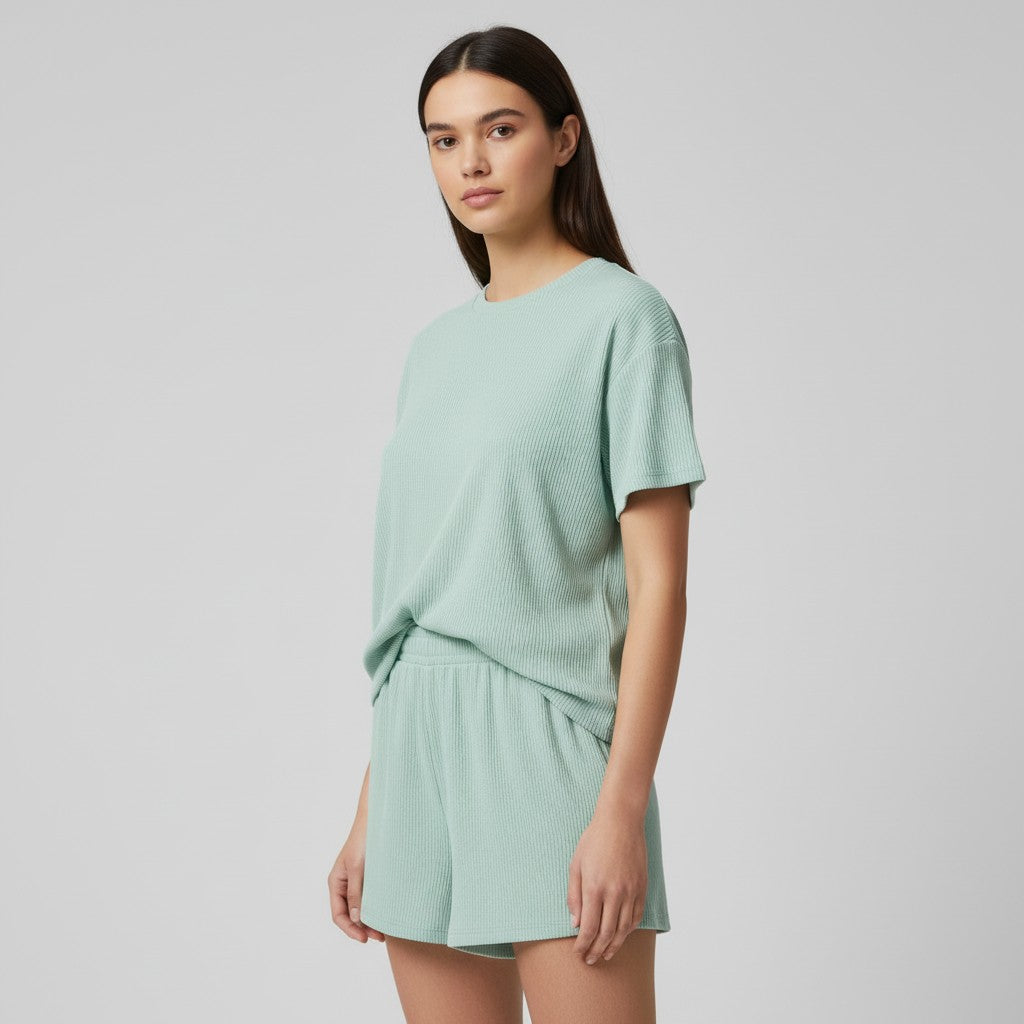 Women's Ribbed Short Sleeve Top and Shorts Set-Bon Voyage Vintage