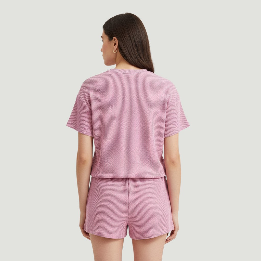 Women's Ribbed Short Sleeve Top and Shorts Set-Bon Voyage Vintage