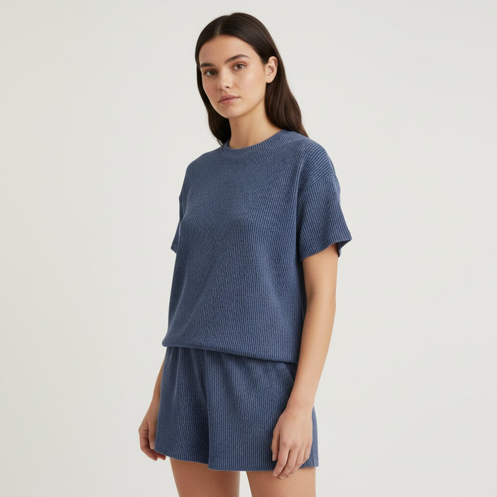 Women's Ribbed Short Sleeve Top and Shorts Set-Bon Voyage Vintage