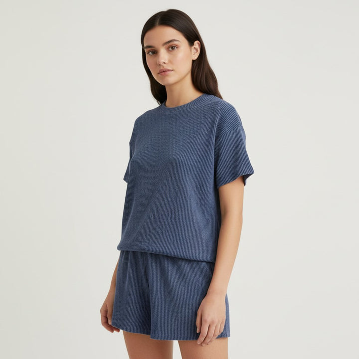 Women's Ribbed Short Sleeve Top and Shorts Set-Bon Voyage Vintage