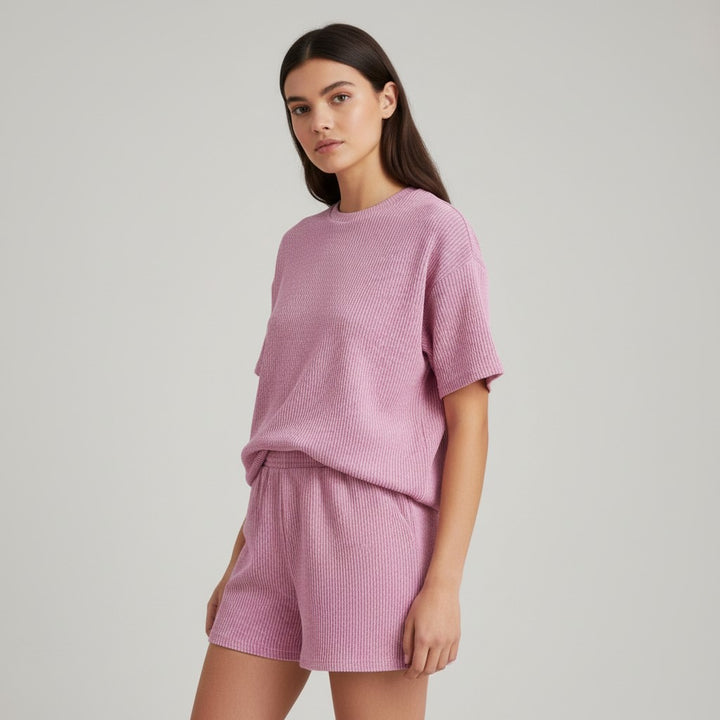 Women's Ribbed Short Sleeve Top and Shorts Set-Bon Voyage Vintage