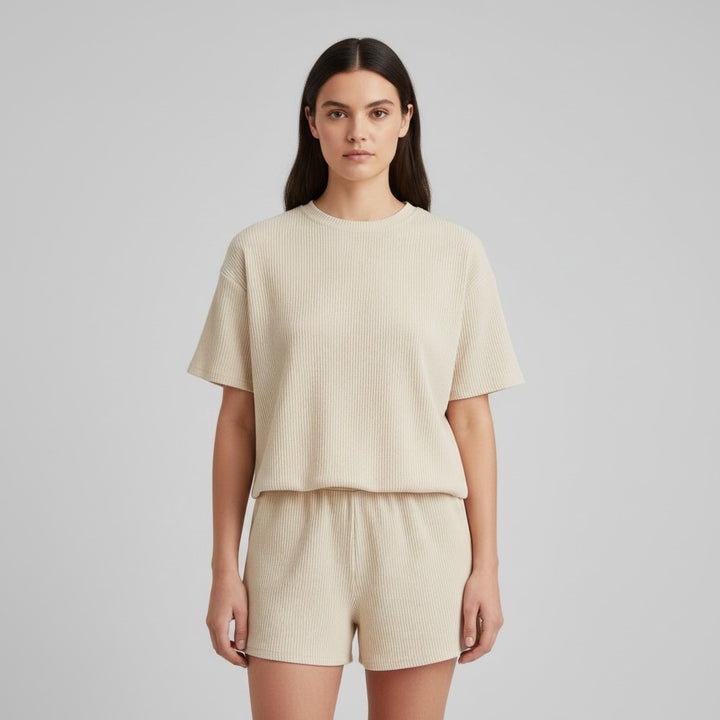 Women's Ribbed Short Sleeve Top and Shorts Set-Bon Voyage Vintage